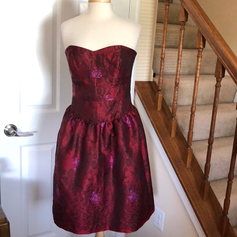 David Meister red and black detail strapless dress